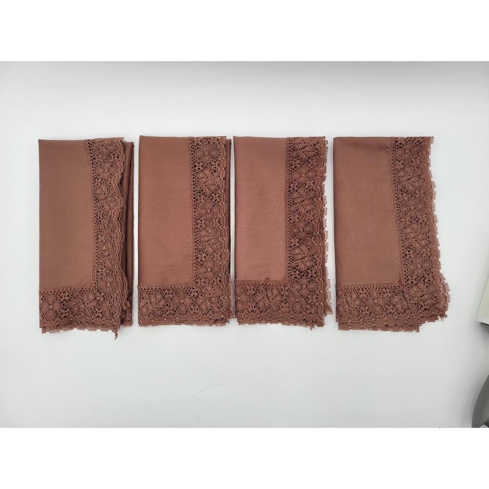 Vintage Brown Lace‎ Trim Edge Napkins Set Of 4  Handmade